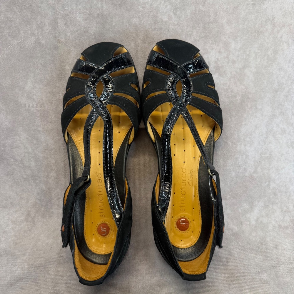 Clarks Unstructured Sandals Womens 9M Black Leather Patent Wedge‎ 86404